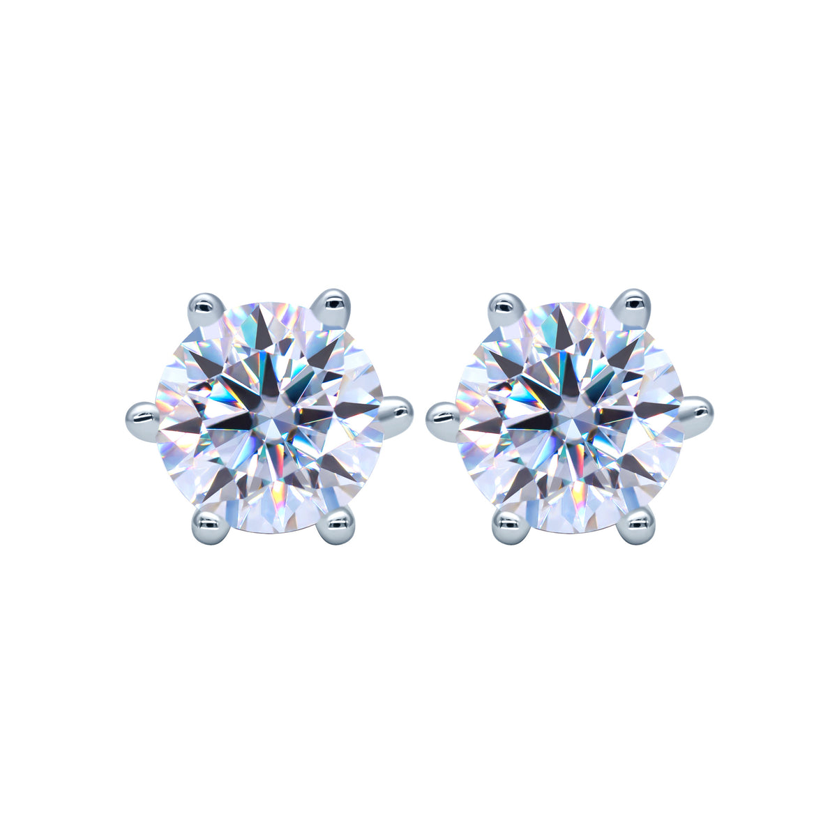 Siderelle moissanite solitaire studs in six-claw 925 sterling silver, on white