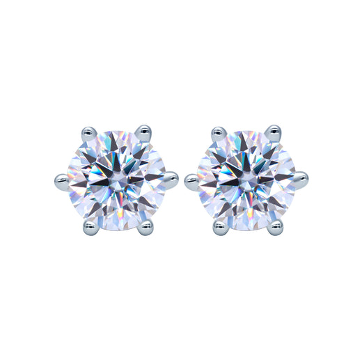 Siderelle moissanite solitaire studs in six-claw 925 sterling silver, on white